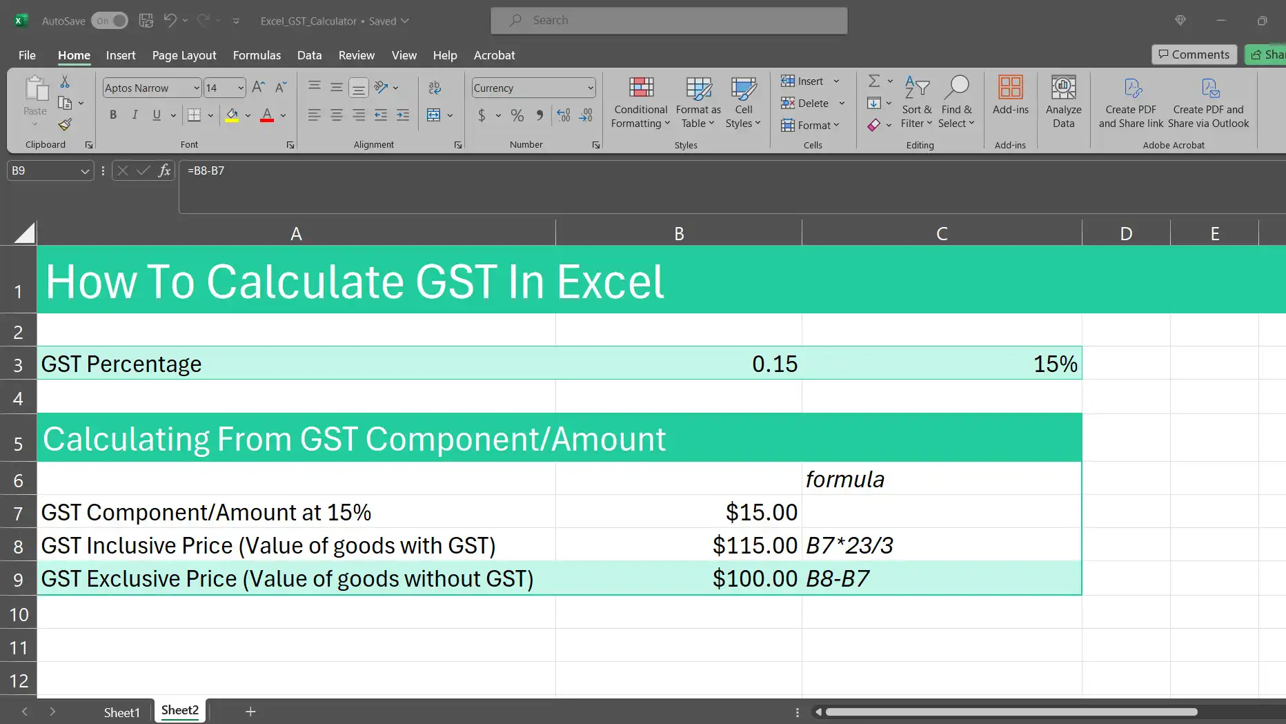A screenshot of an Excel sheet with the GST inclusive and exclusive price formulas in B8 and B9