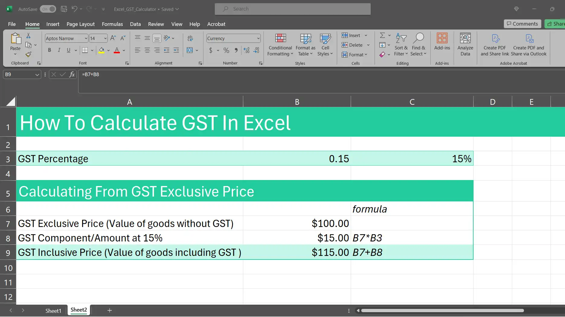 A screenshot of an Excel sheet with the GST exclusive price in B7 and the GST component formula in B8