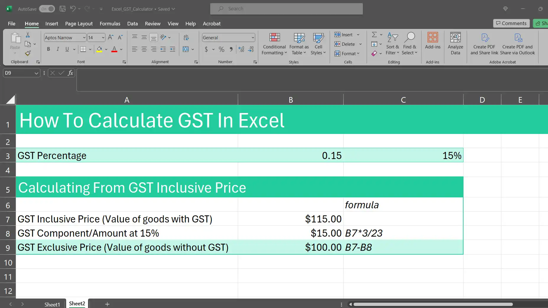 A screenshot of an Excel sheet with the GST component and exclusive price formulas in B8 and B9