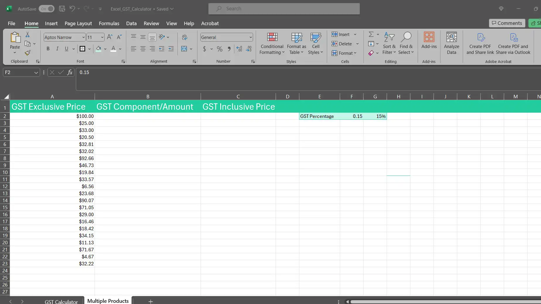 A screenshot of a new Excel sheet with column headings for a price list