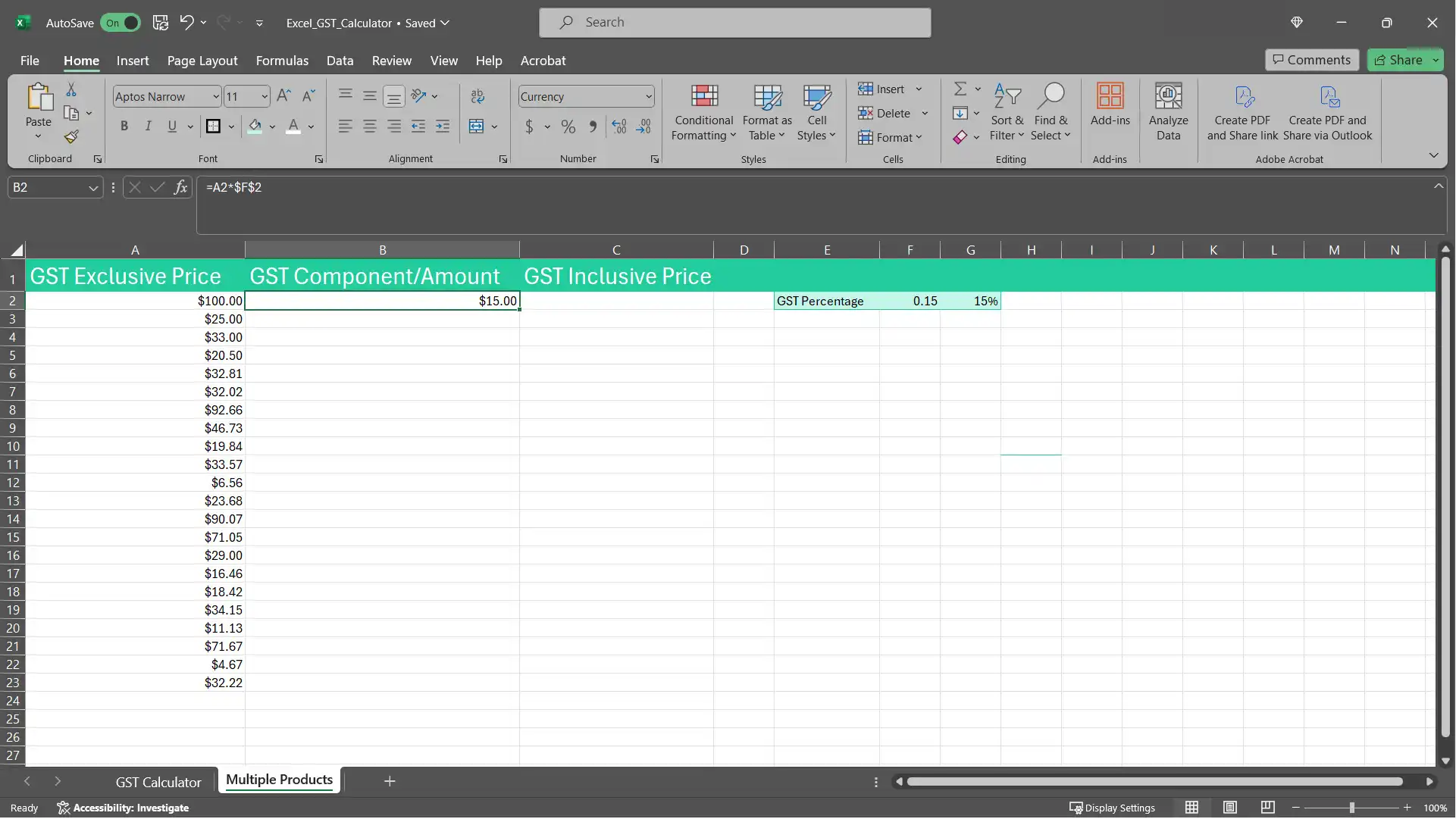 A screenshot of a price list with the GST component formula in B2