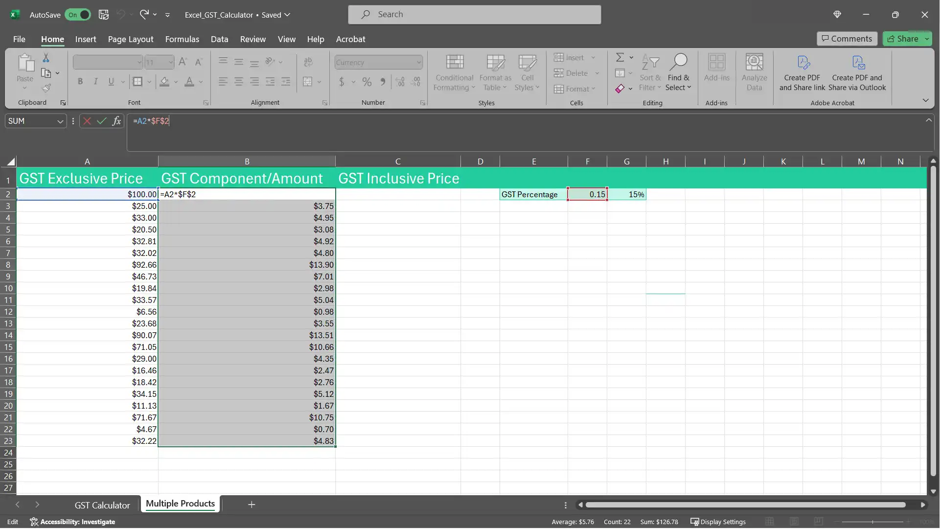 A screenshot of the price list with the GST component values populated down column B