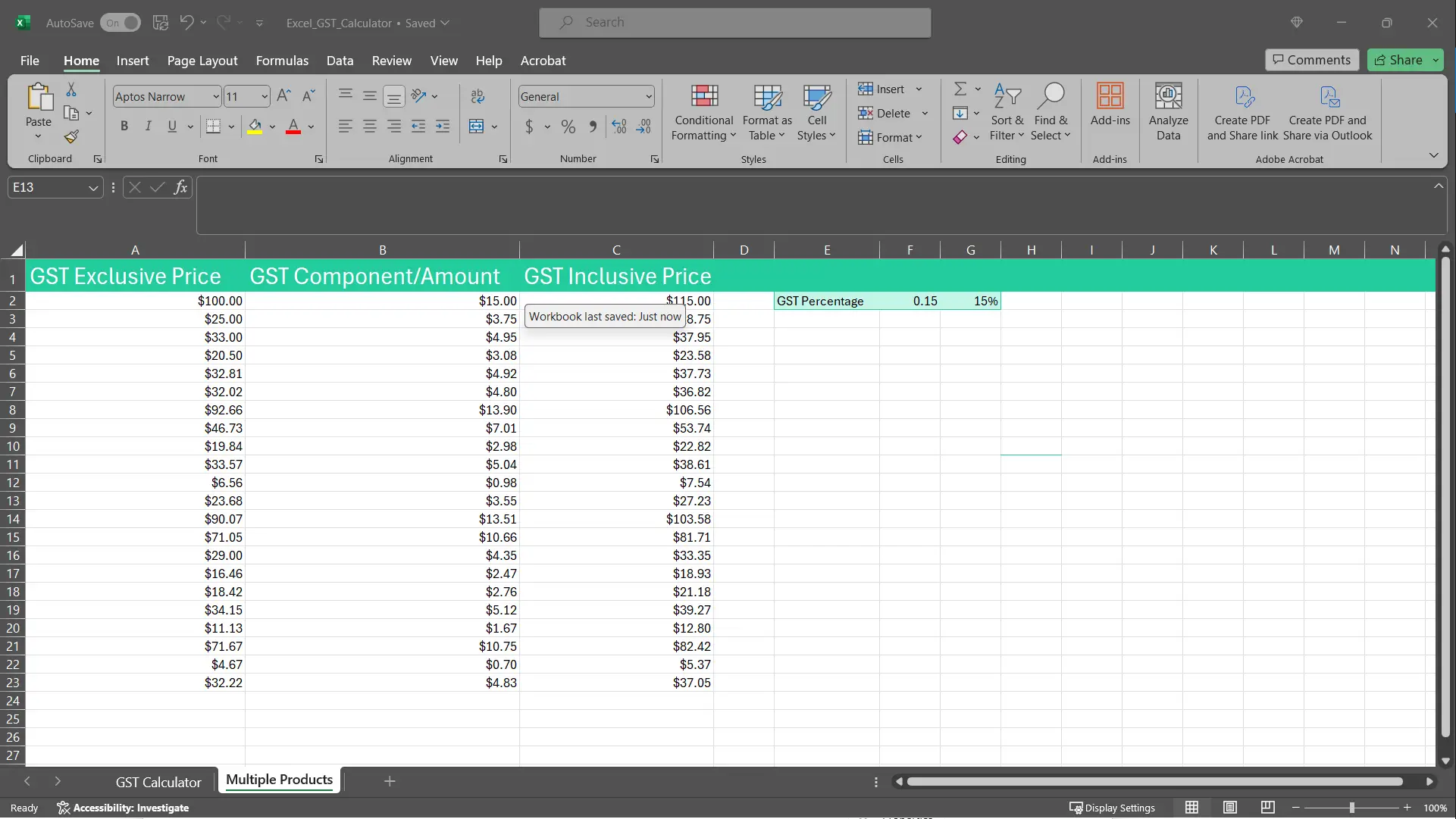 A screenshot of the completed price list with the GST component and GST inclusive price columns