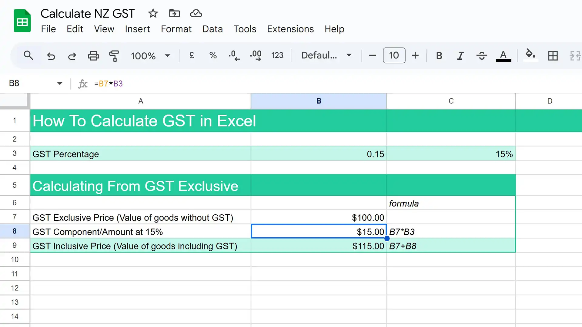 A screenshot of how to calculate the GST Inclusive price in Google Sheets