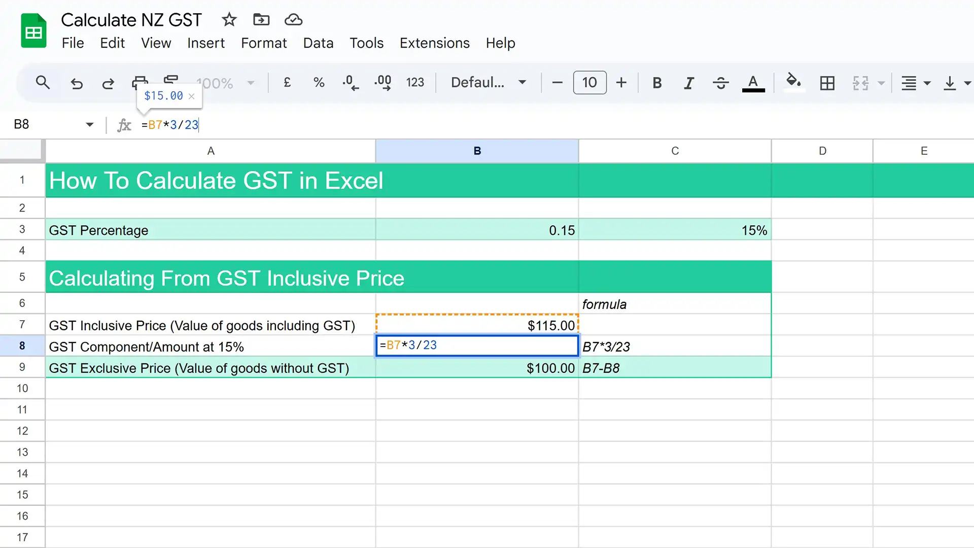 A screenshot of how to calculate the GST exclusive price in Google Sheets