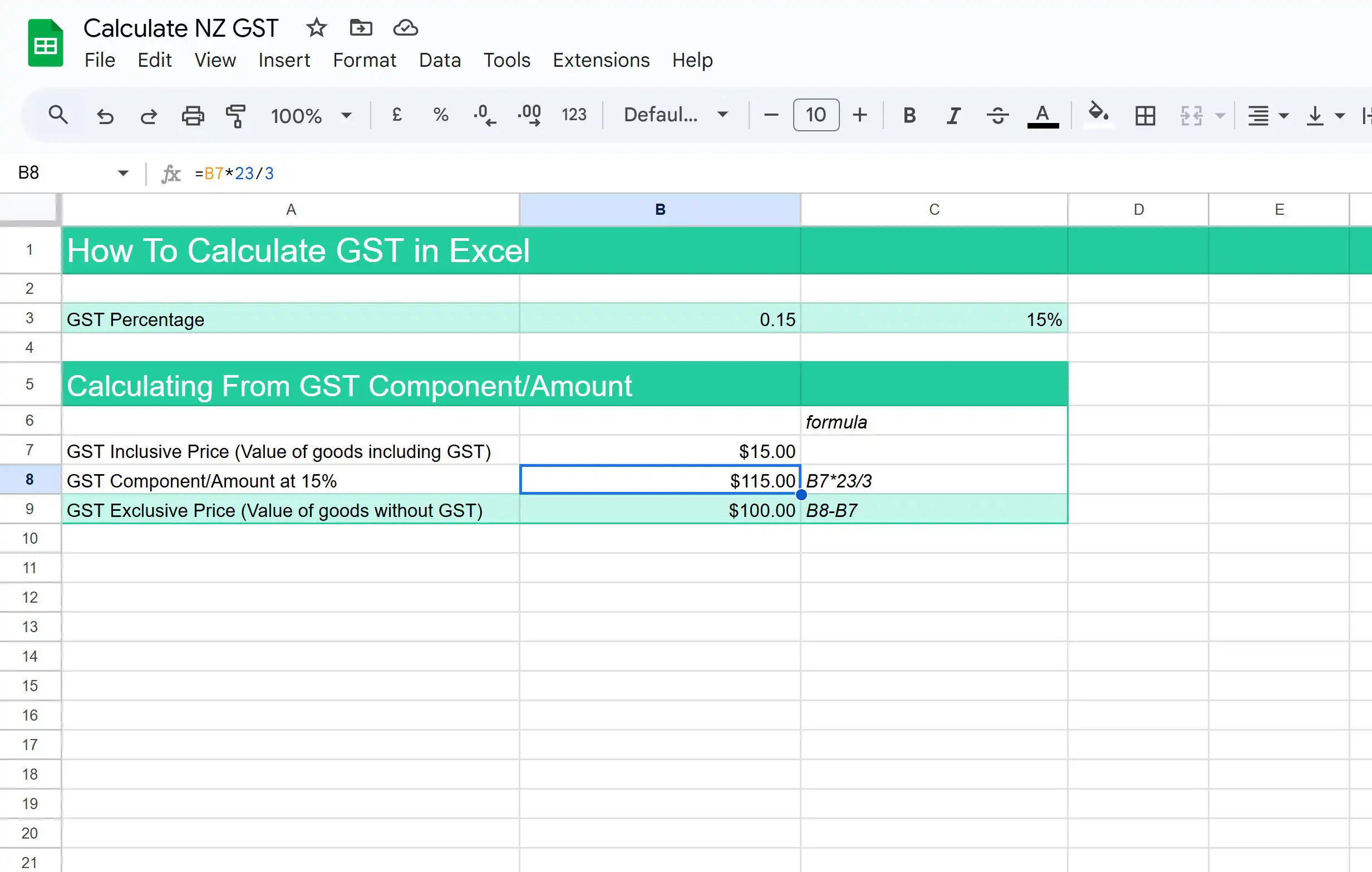 A screenshot of how to calculate the GST component in Google Sheets