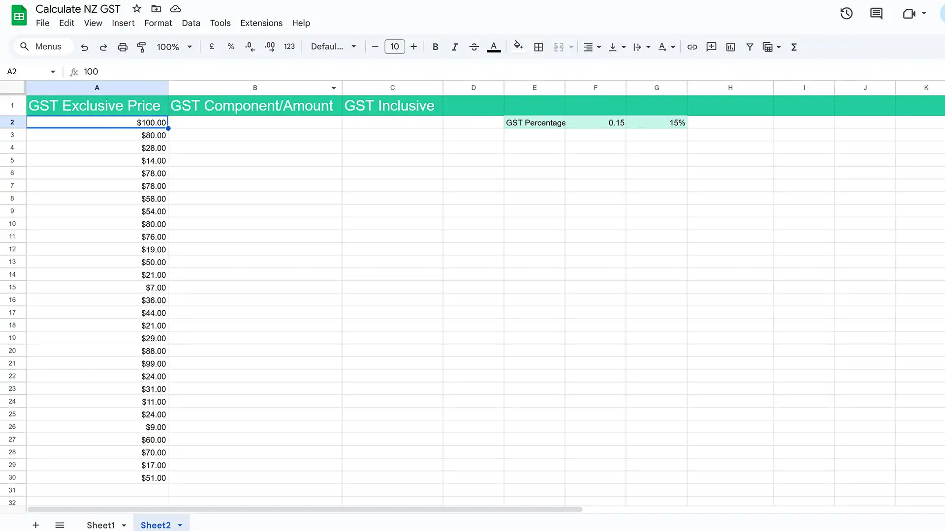 A screenshot of the formula to calculate the GST component in Google Sheets