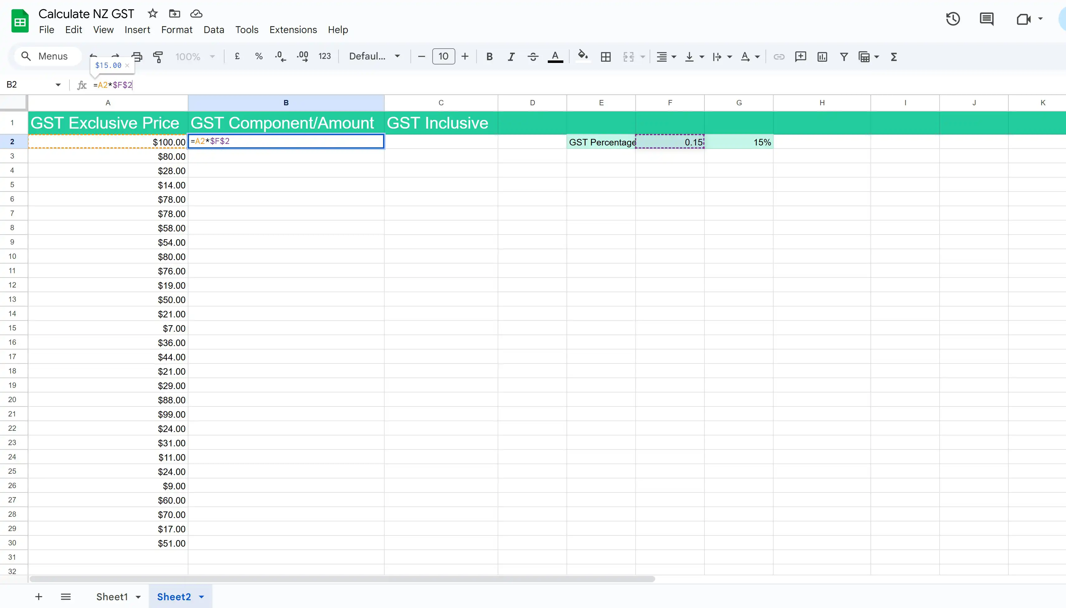 A screenshot of the formula to calculate the GST component in Google Sheets