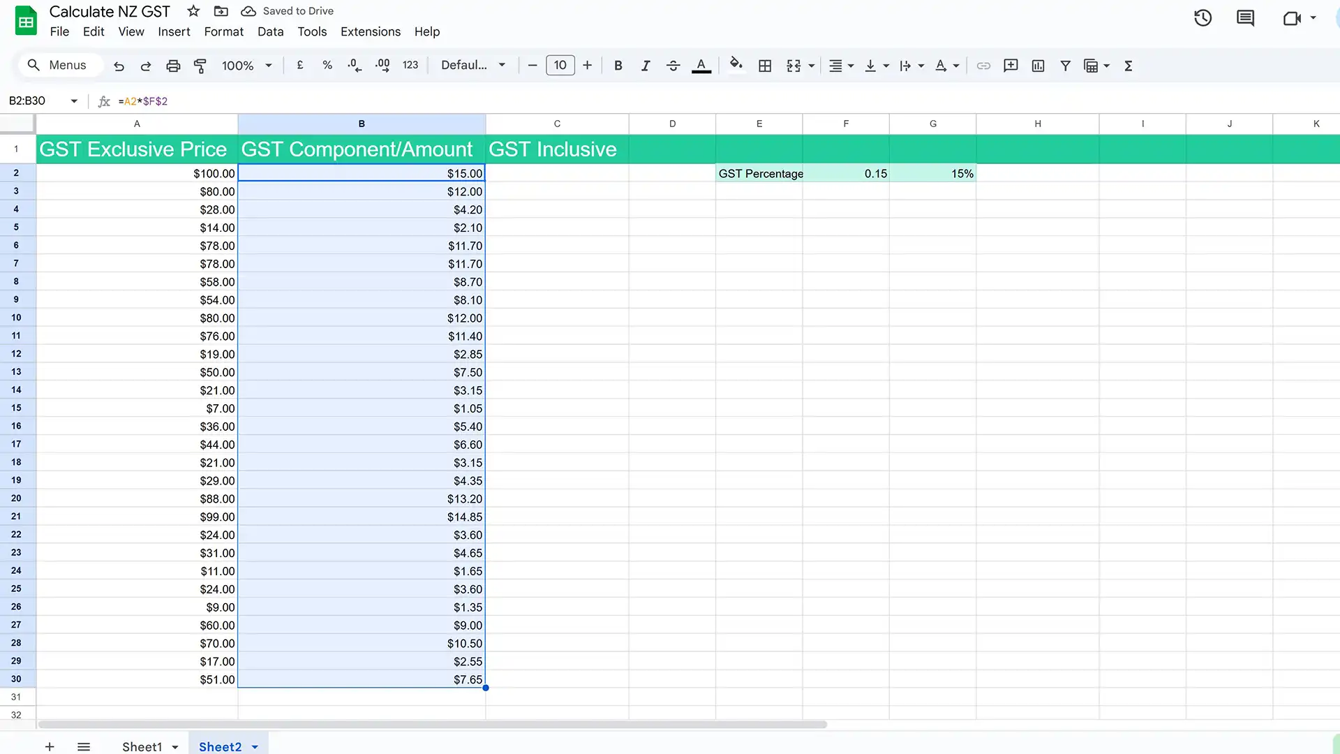 A screenshot of a GST calculator in Google Sheets