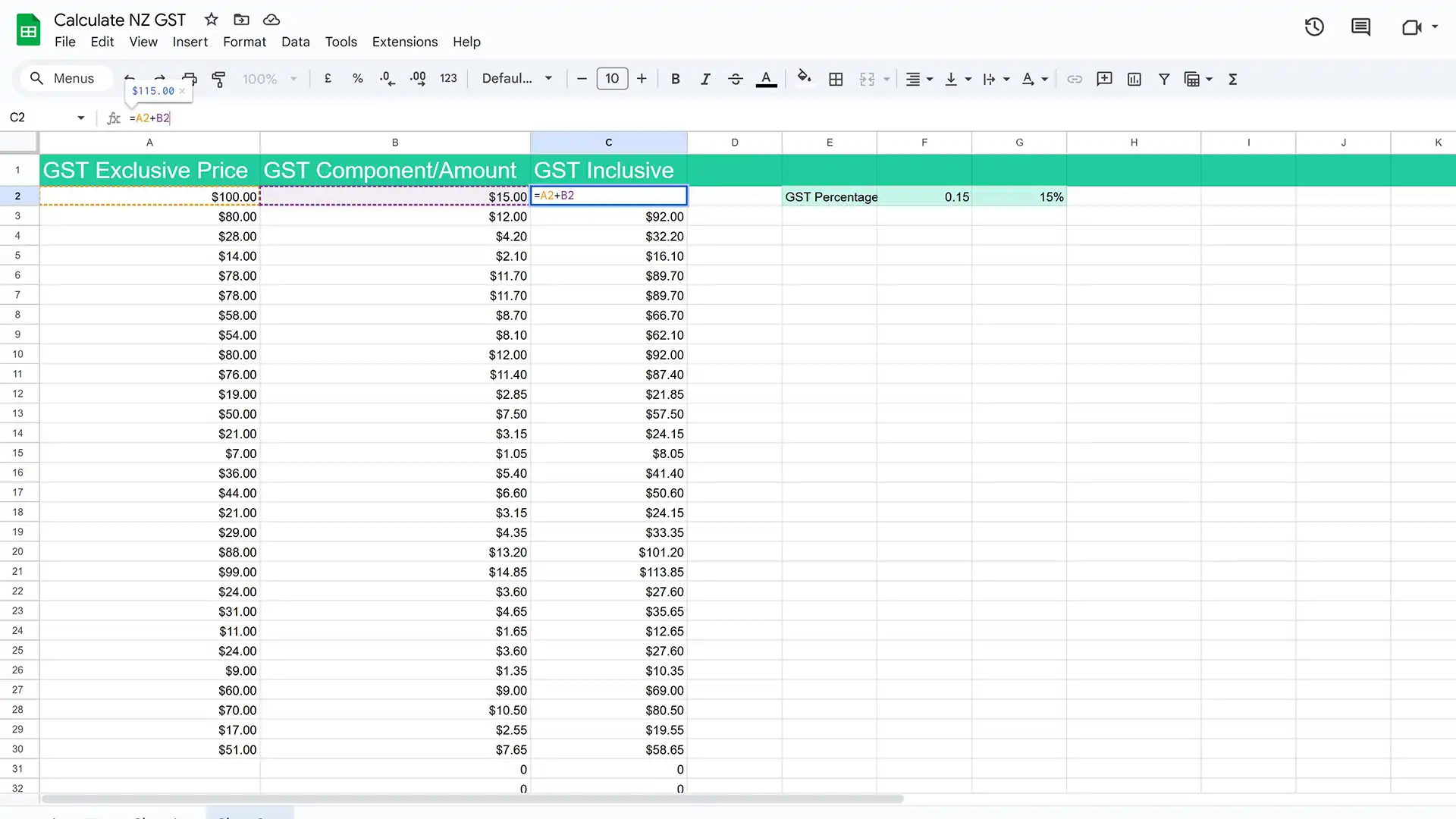A screenshot of a GST calculator in Google Sheets