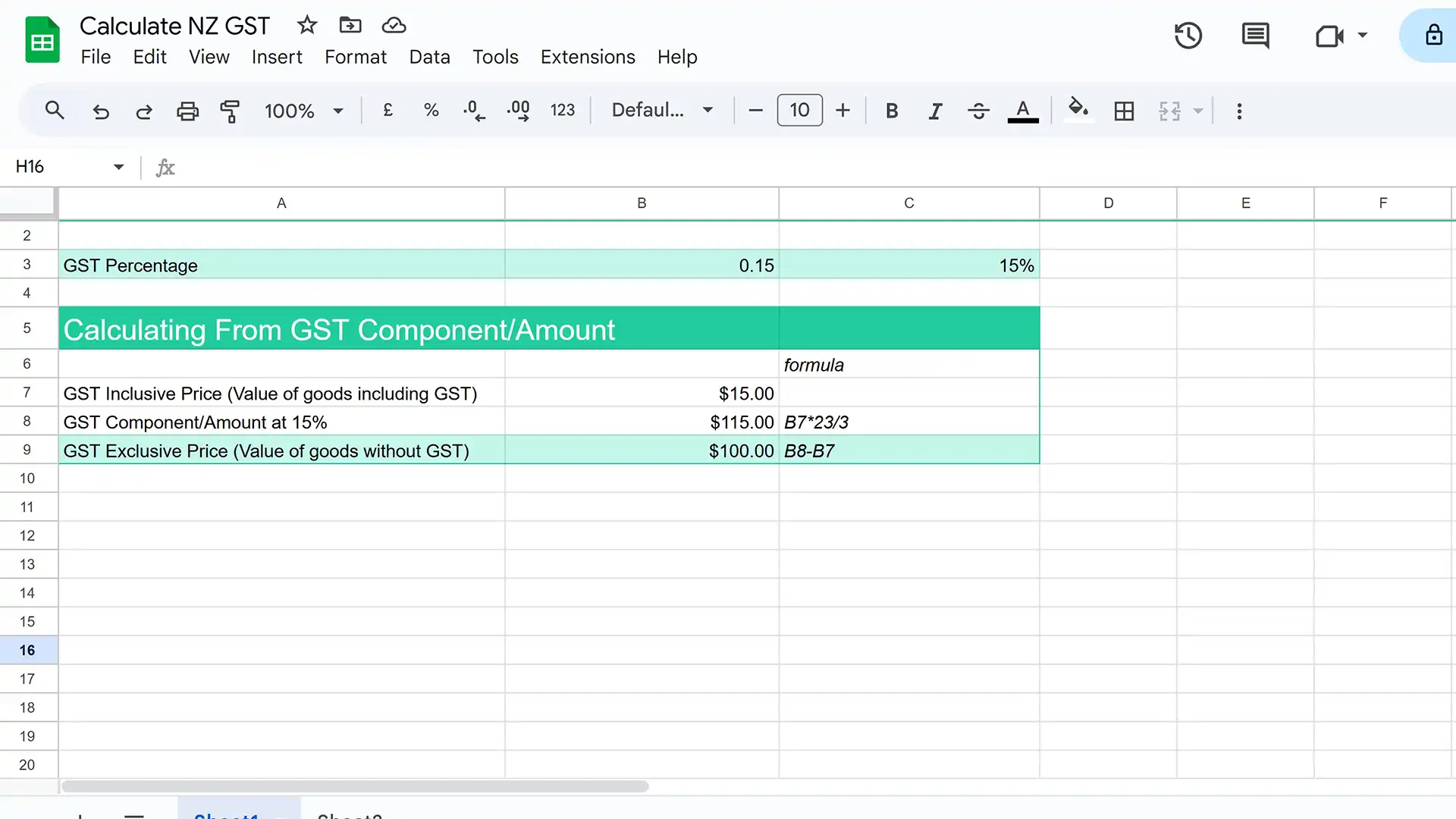 A screenshot of a GST calculator in Google Sheets