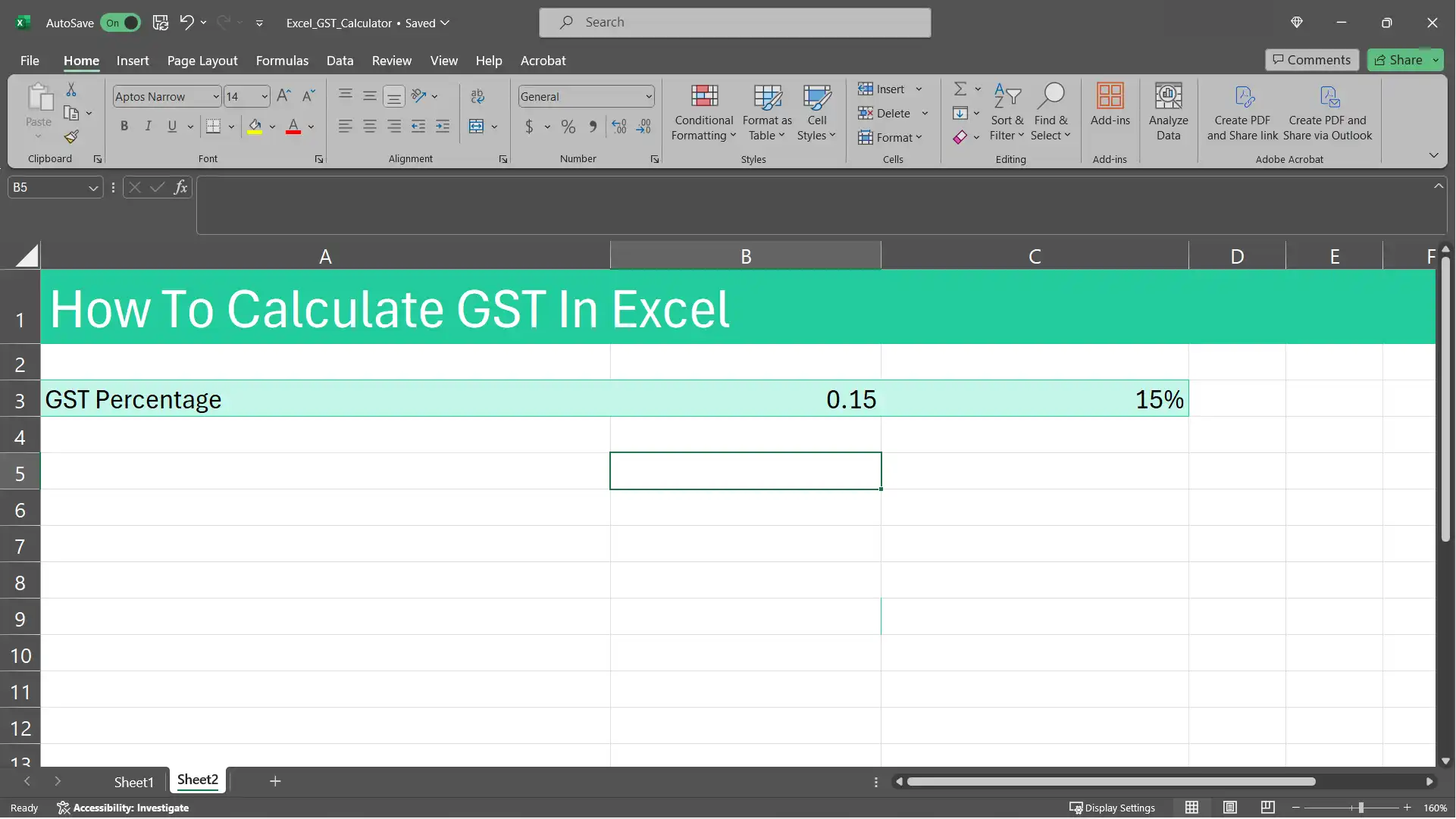 A screenshot of a new Excel sheet with the GST percentage in cell B3